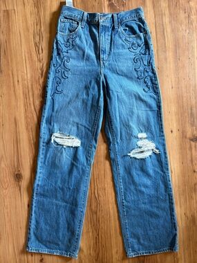 Refashioned Hand Embroidered Levi’s High Waisted Straight Leg Distressed Jeans